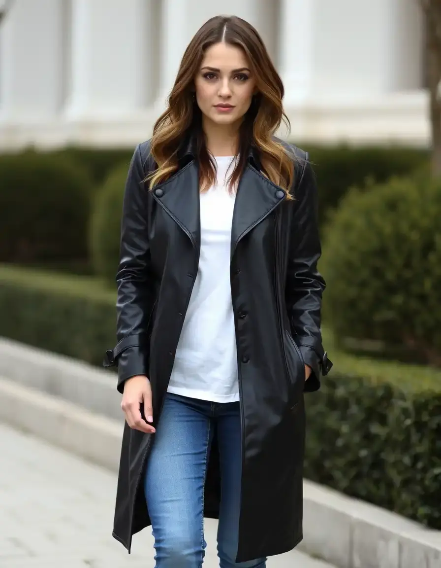 Long trench style leather coat in black for women, front open