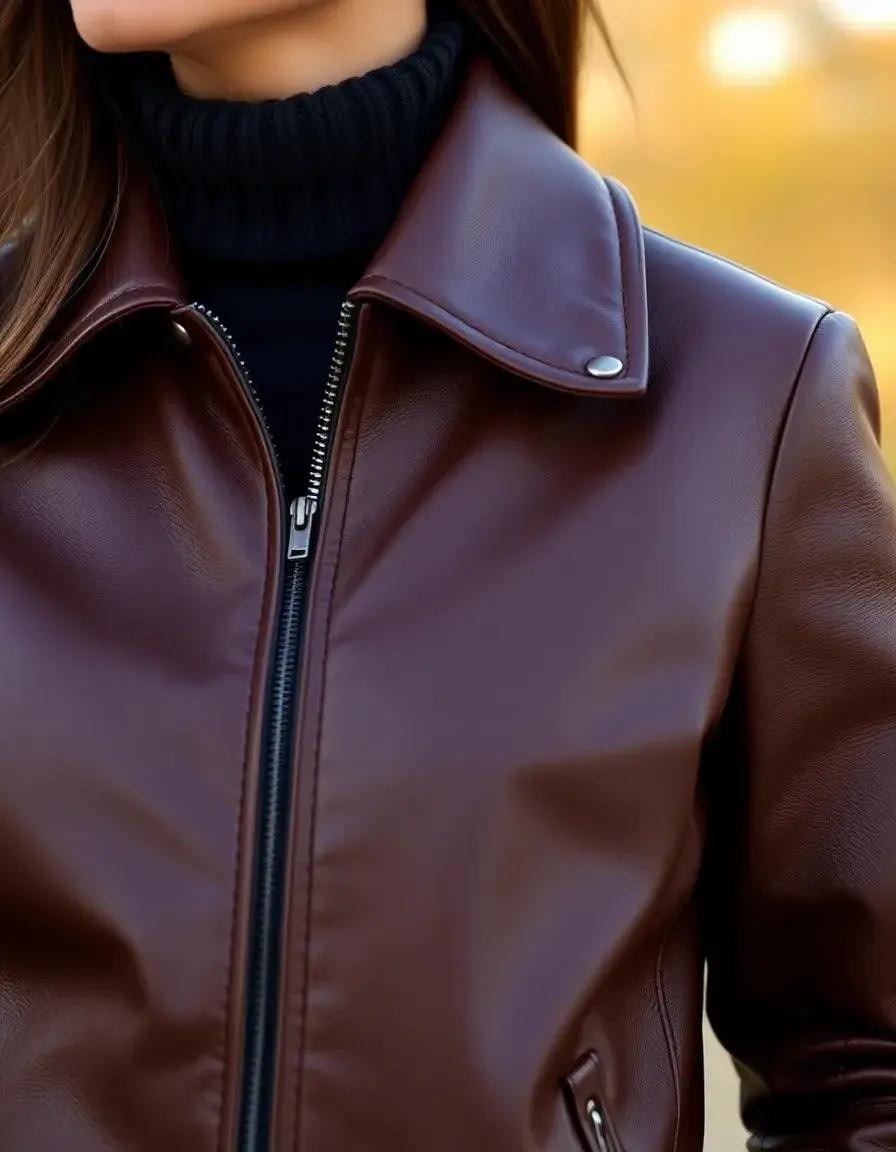 Bomber style leather coat in brown for women, zipped up