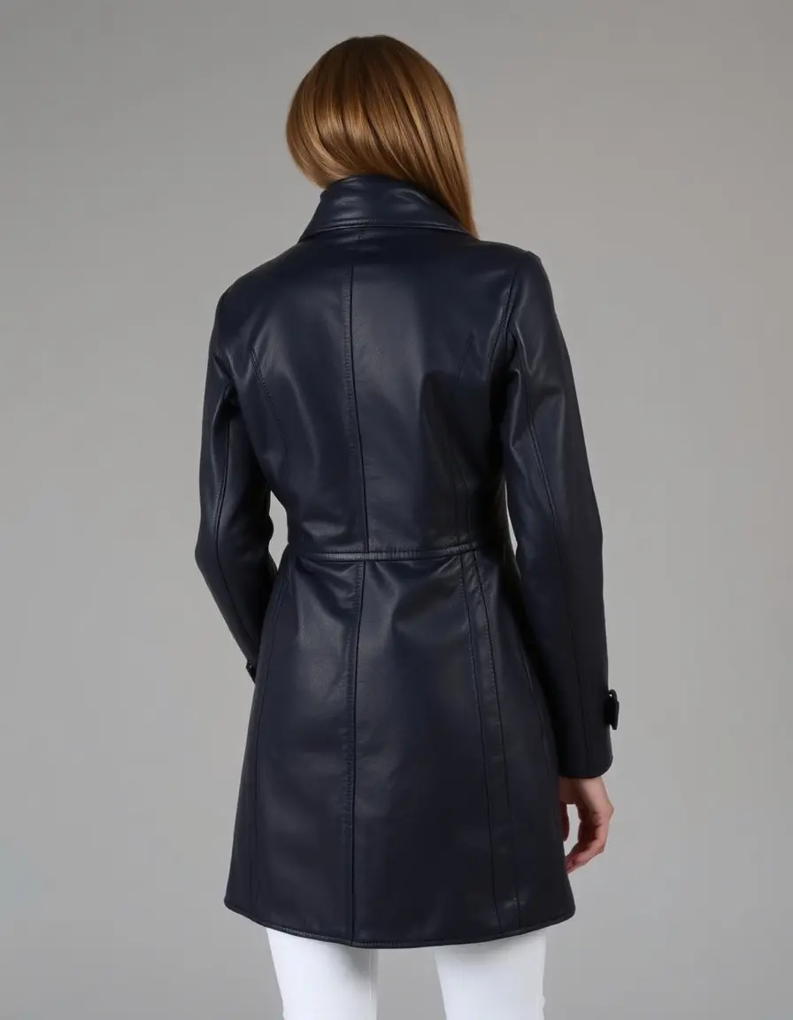 Faux leather pea coat in navy for women, buttoned