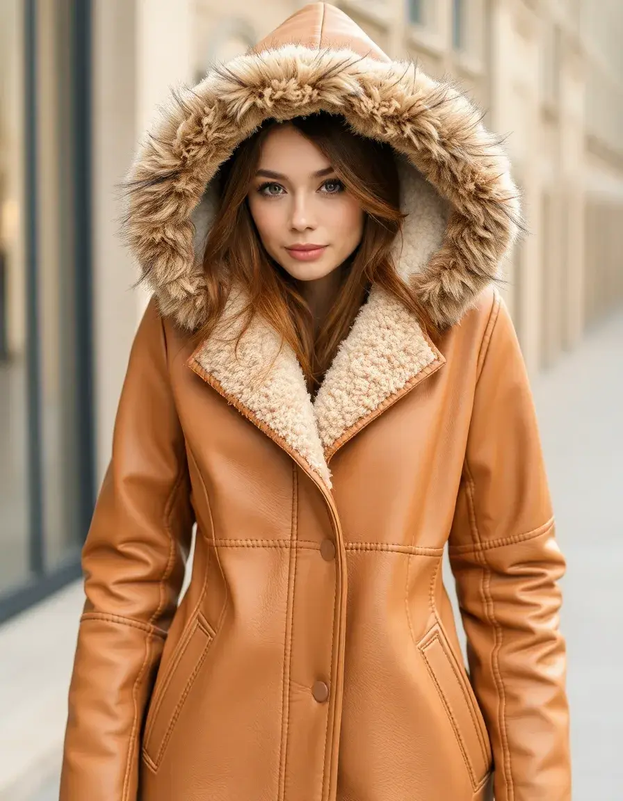 Shearling lined leather coat in beige for women, hood up