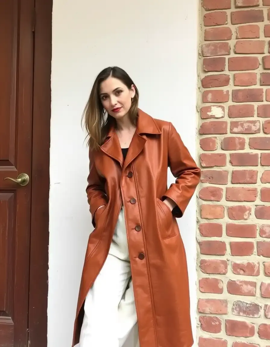 Vintage distressed leather coat in cognac for women, retro