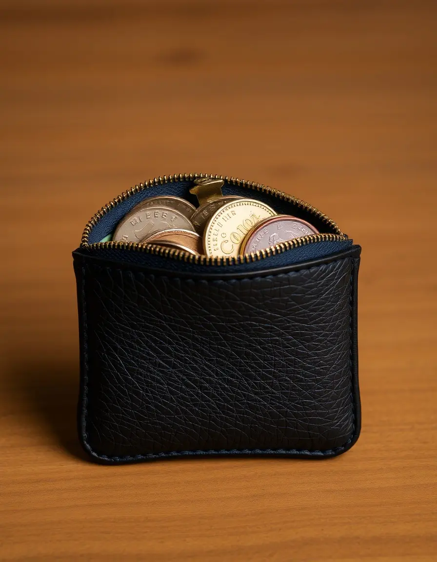 Small zipper leather coin purse in black, open with coins