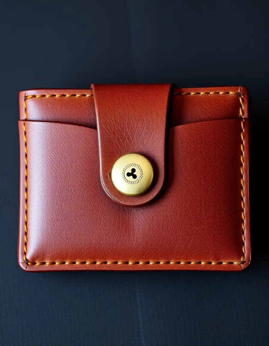 Snap button leather coin wallet in brown, front view