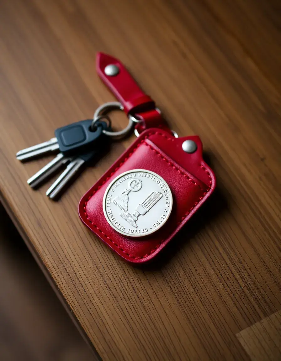 Leather coin pouch with keychain in red, attached to keys