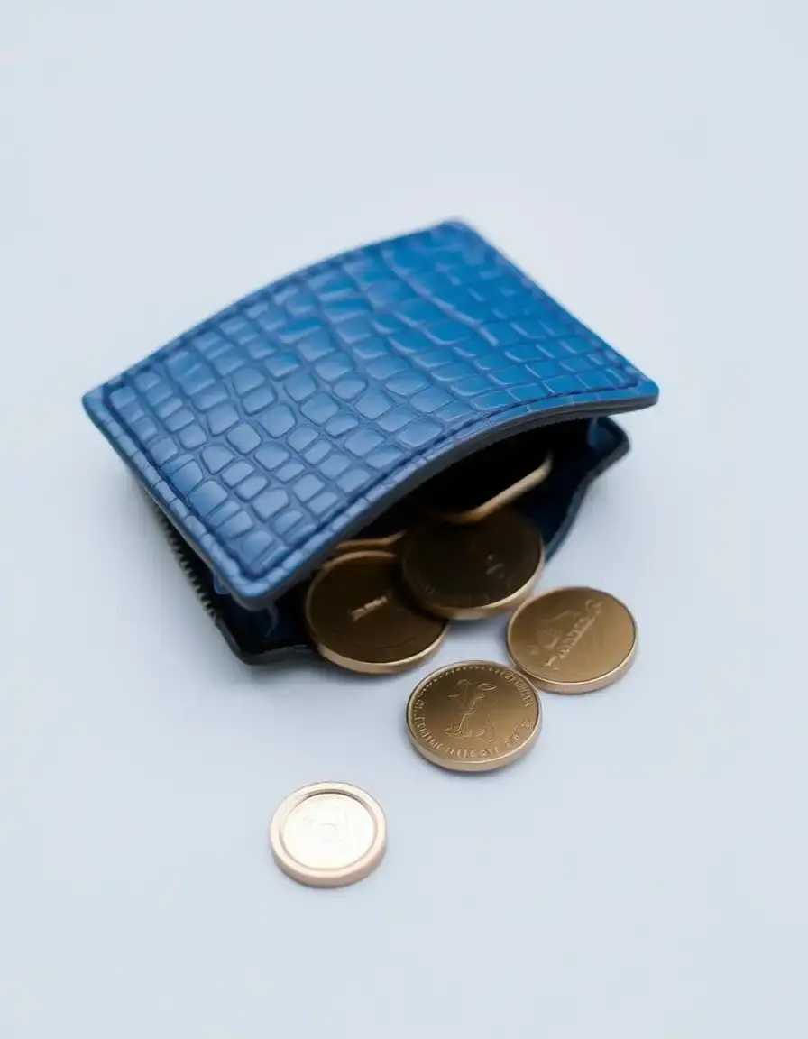 Embossed pattern leather coin purse in blue, detailed