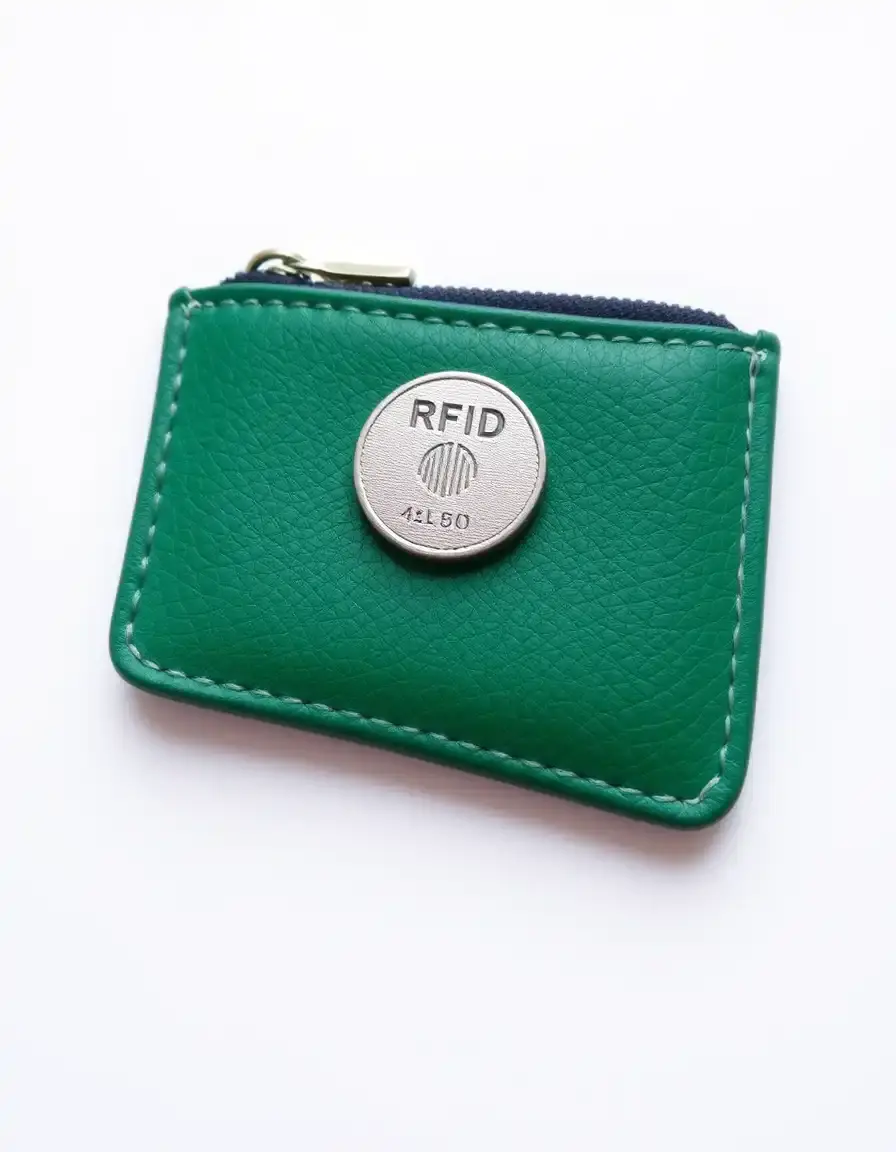 RFID blocking leather coin purse in green, tech label