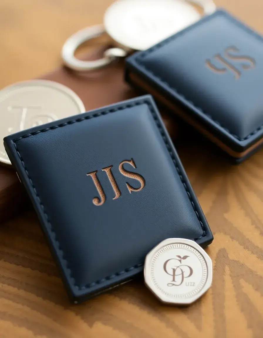 Personalized engraved leather coin case in navy, initials