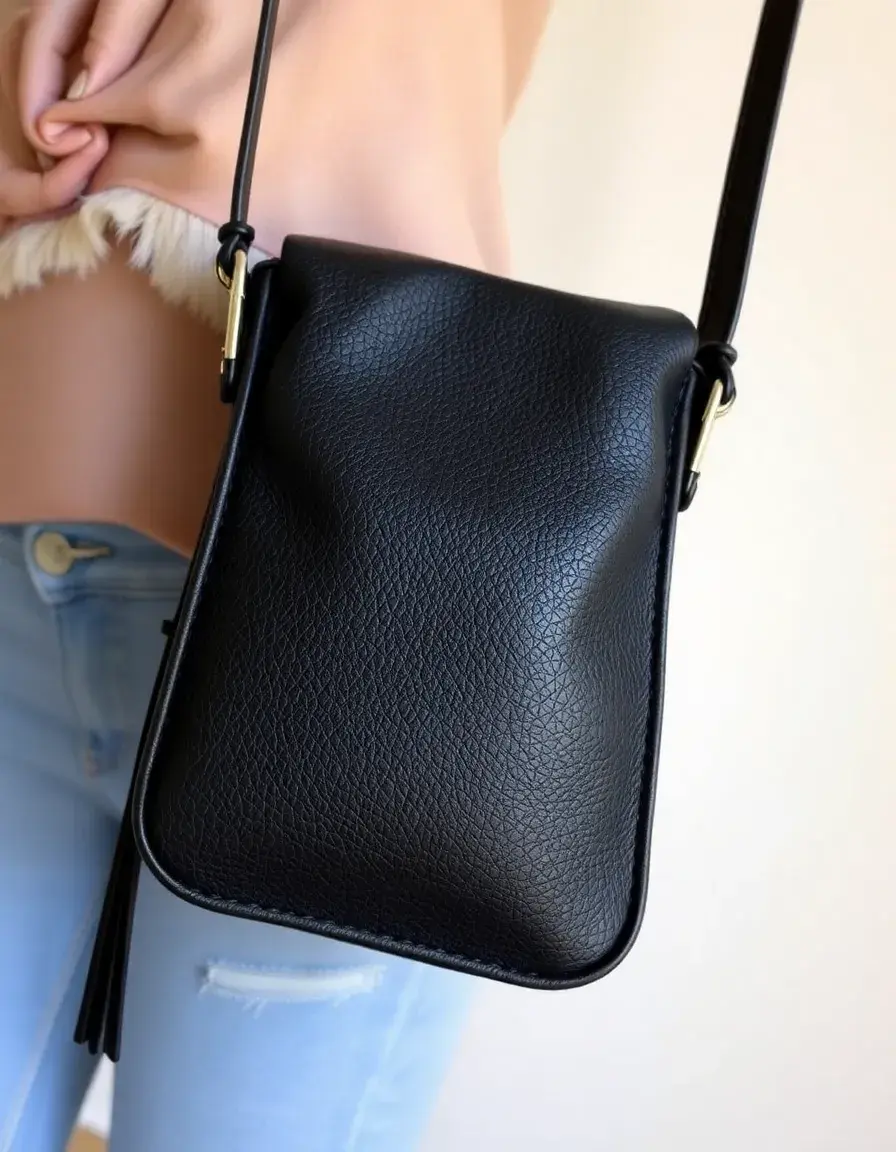 Black sling leather crossbody bag, worn over shoulder