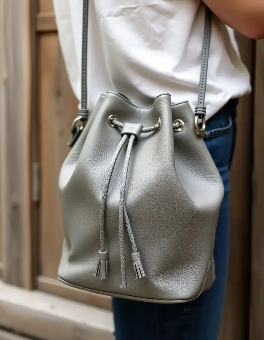 Bucket style leather crossbody bag in gray, drawstring