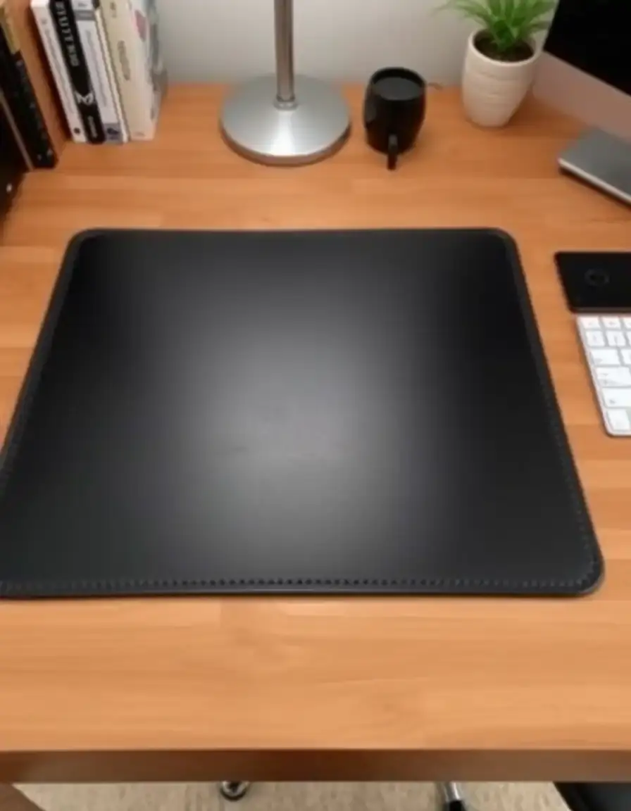 Large black leather desk pad on wooden desk
