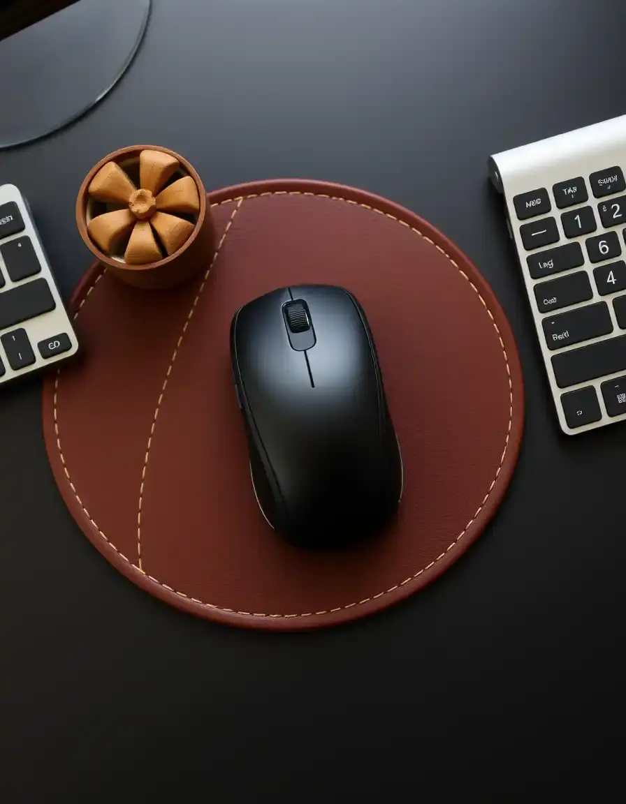Brown non-slip leather desk blotter with mouse