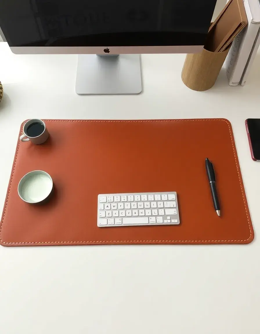 Double sided leather desk mat in cognac, reversible