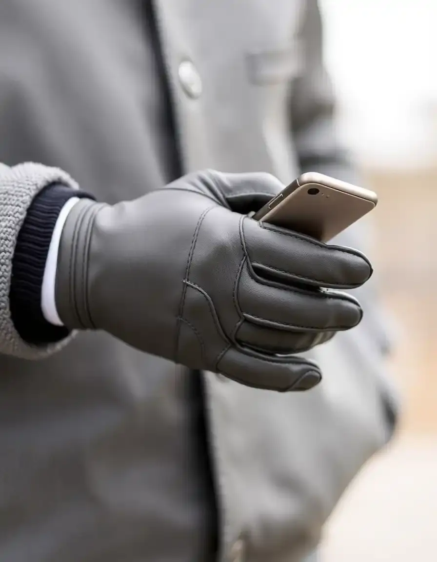 Gray touchscreen leather gloves for men