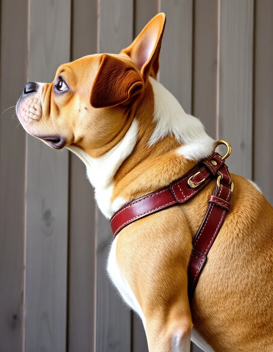 Brown leather dog harness, on dog model