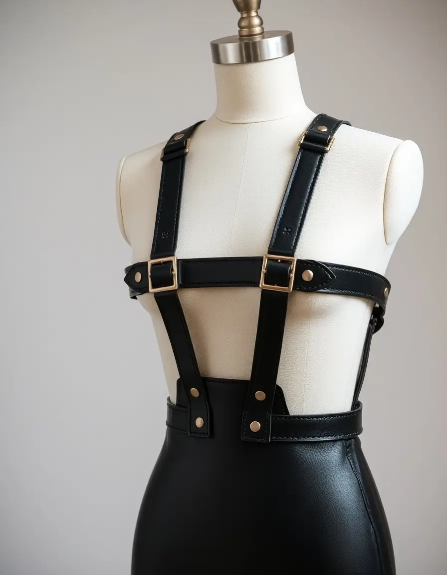 Black fashion leather body harness, worn on mannequin