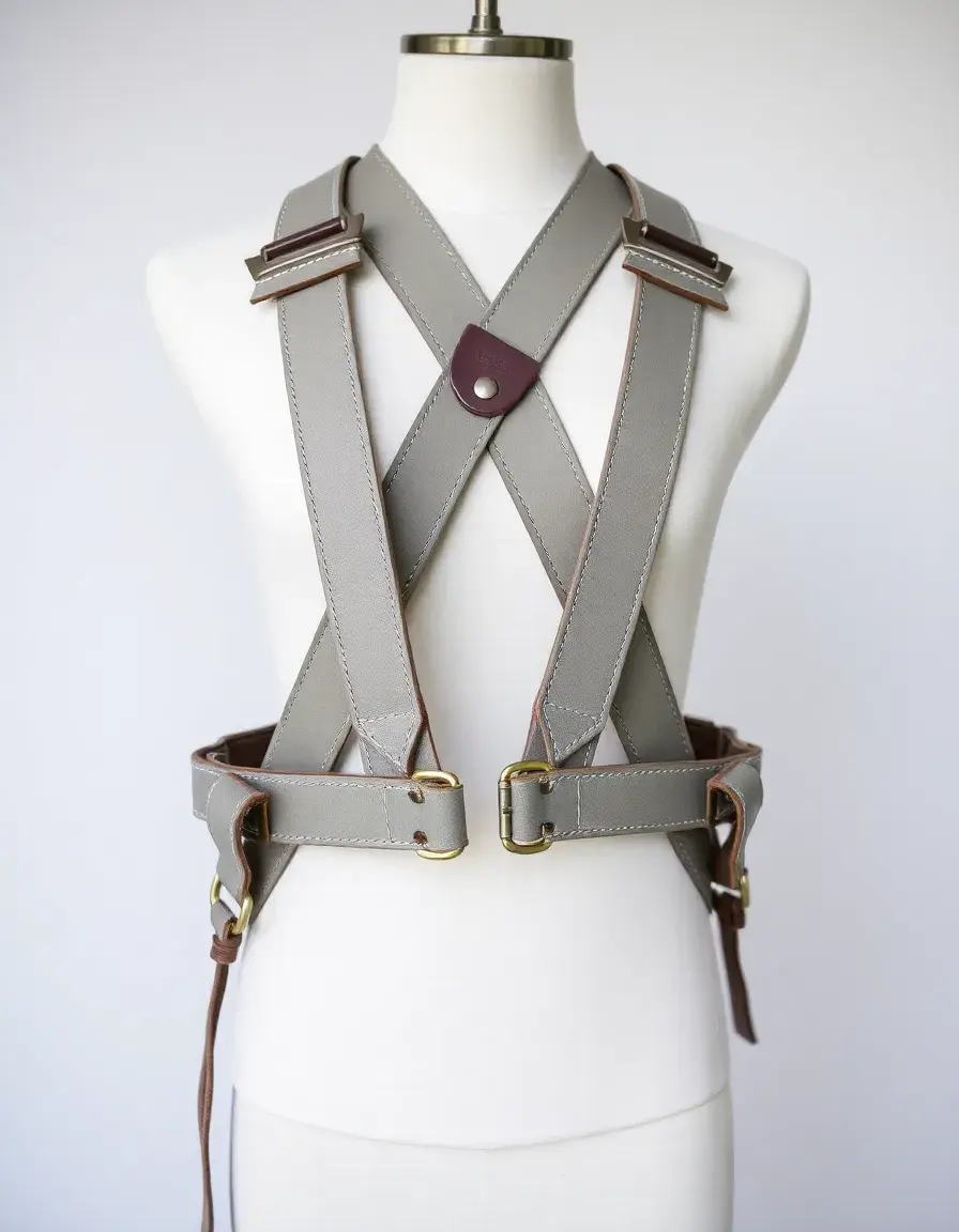 Gray safety leather work harness, with hooks