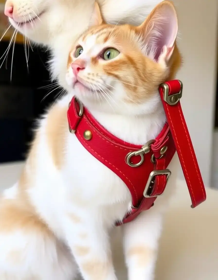 Red cat leather harness, adjustable straps