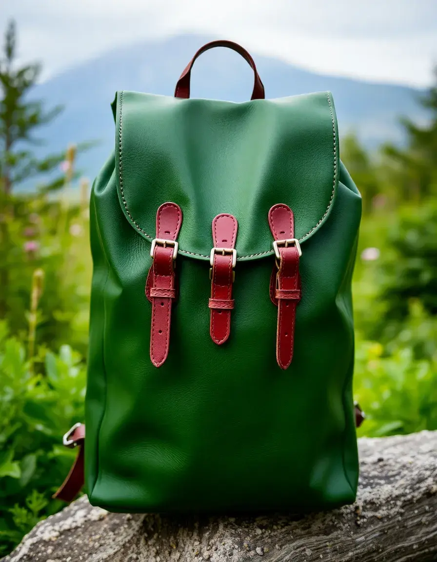 Green backpack style leather harness, travel
