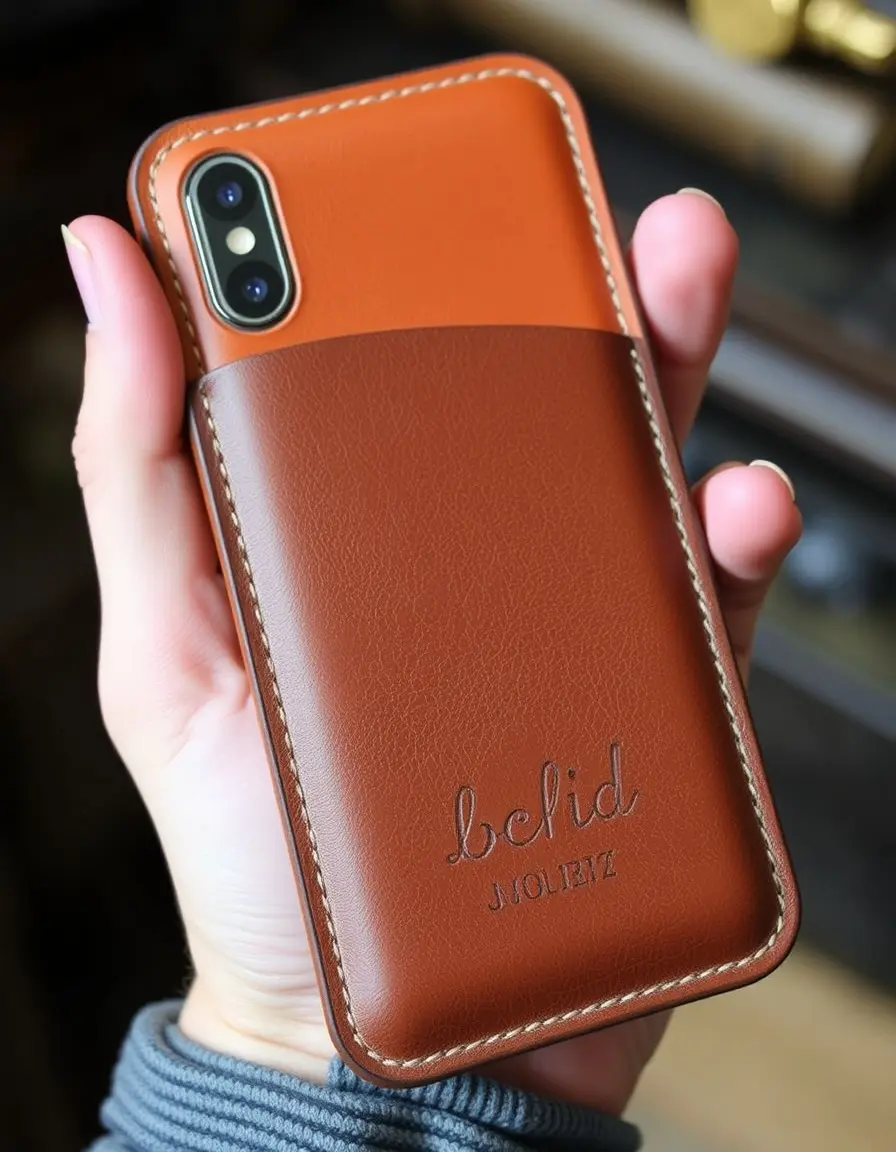 Cognac personalized leather iPhone sleeve