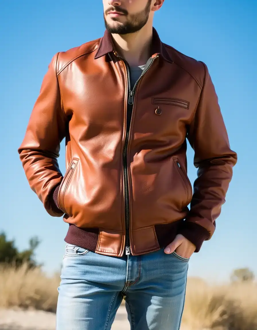 Brown leather bomber jacket for men, zipped, casual style