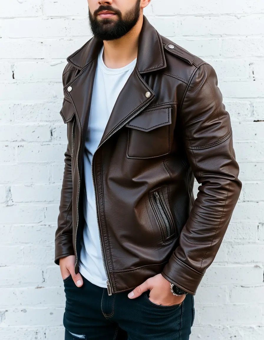 Brown distressed moto leather jacket for men, rugged look