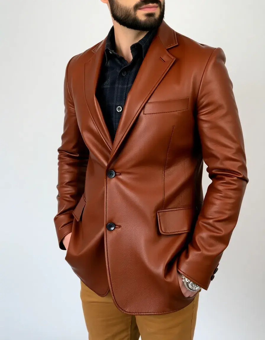 Brown leather blazer for men, buttoned, smart casual