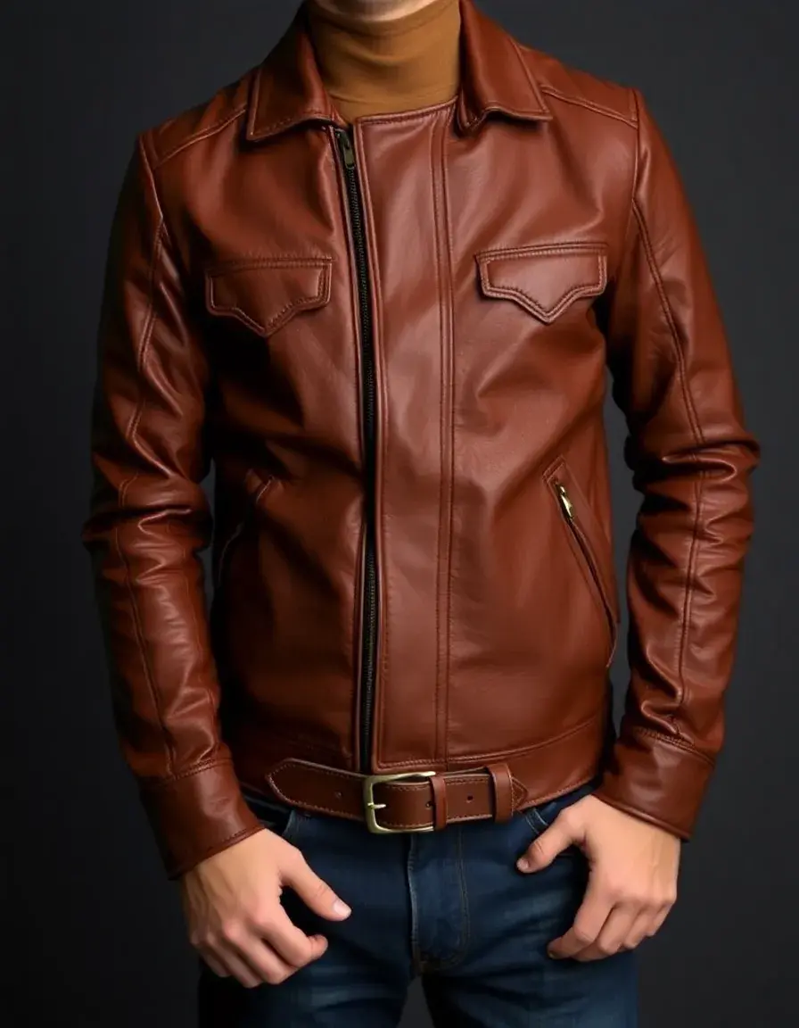 Brown rider leather jacket for men, belted, heavy duty