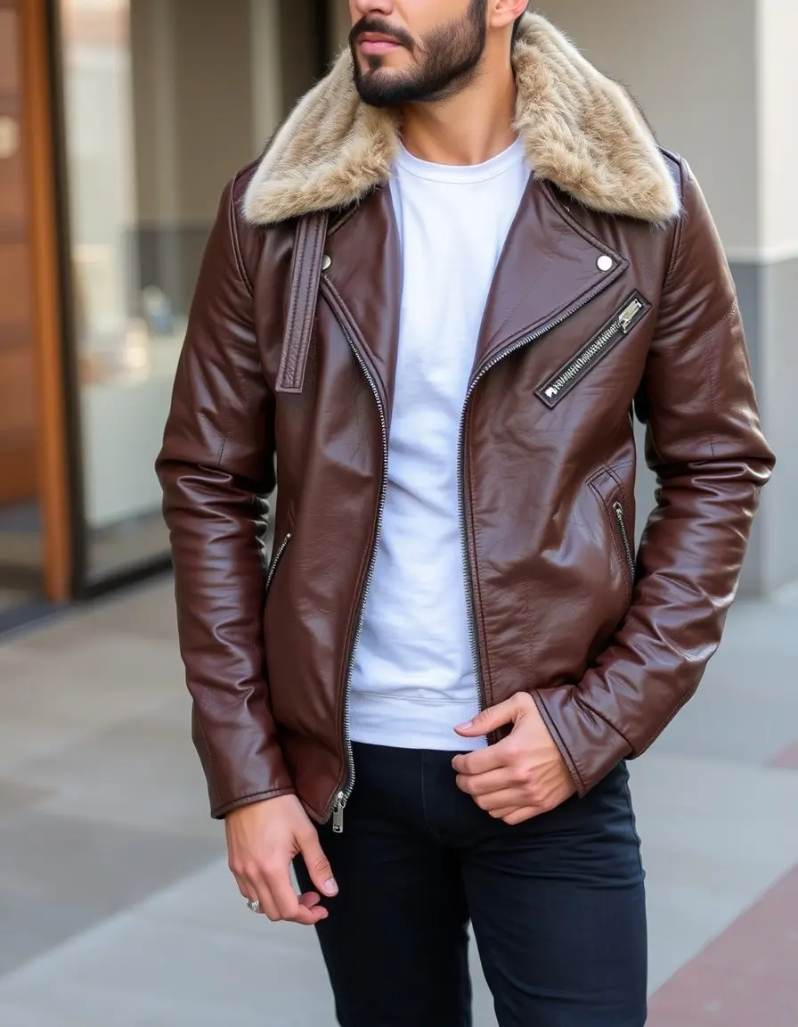 Brown aviator leather jacket with fur collar for men