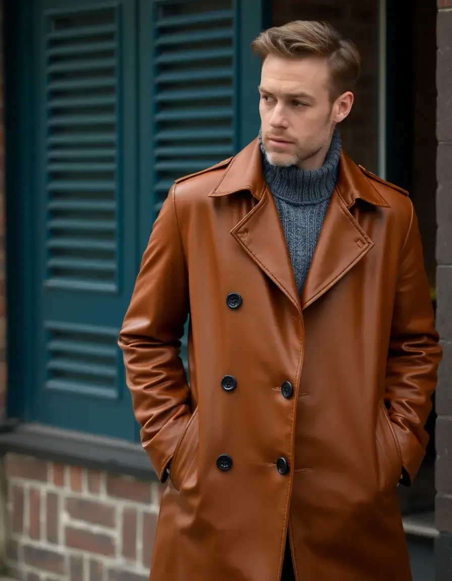 Brown long trench leather coat for men, stylish and long