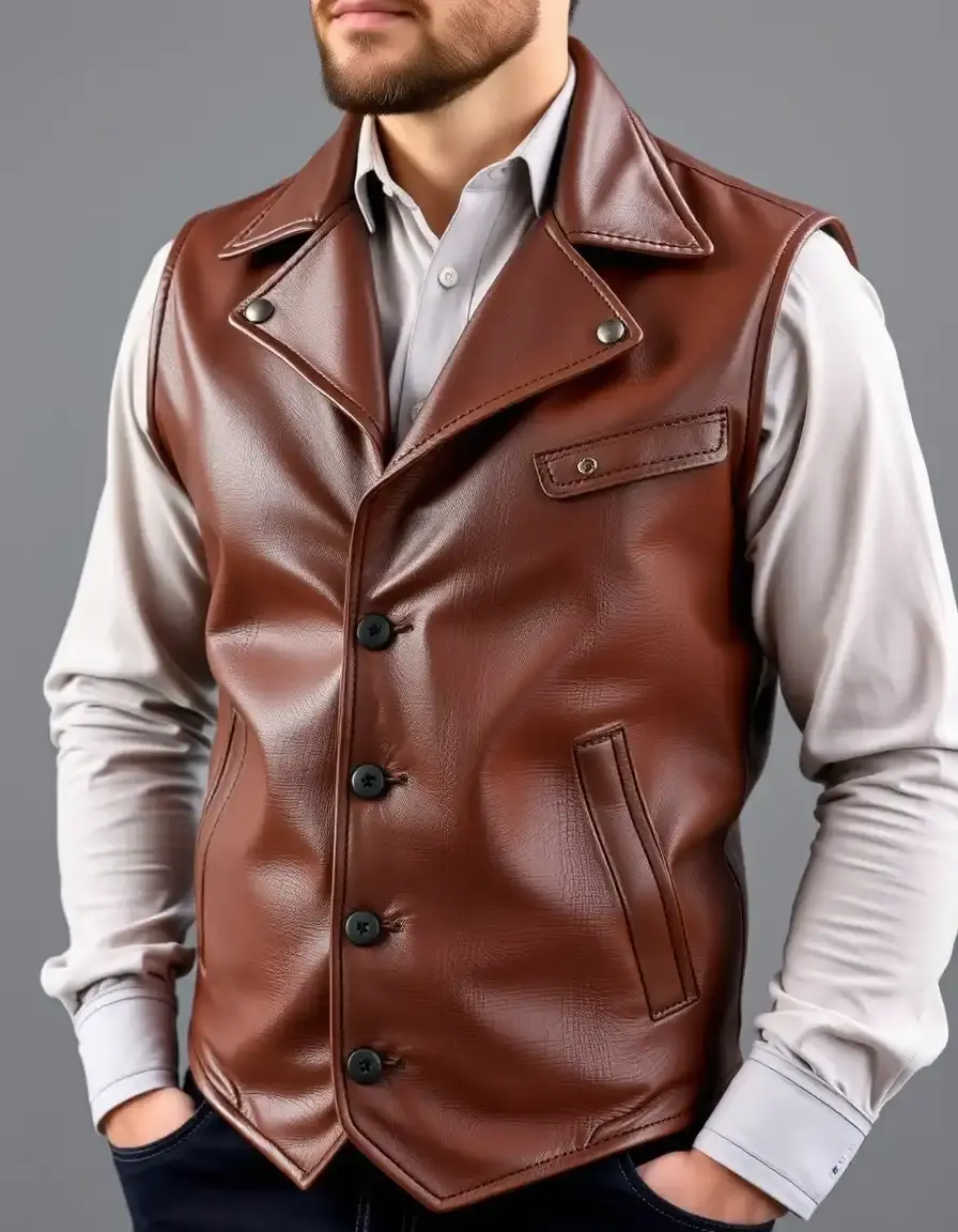 Brown leather vest for men, sleeveless, rugged style
