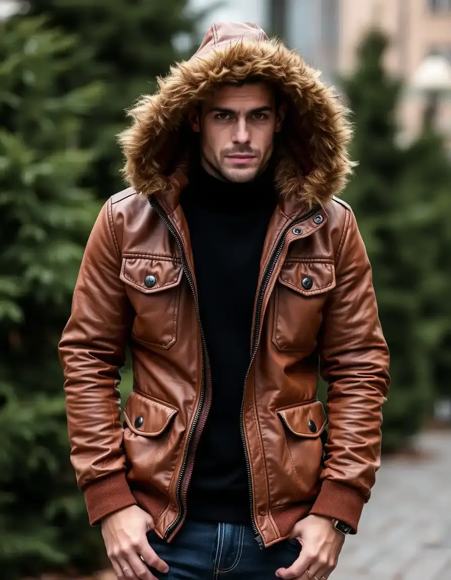Brown parka style leather jacket for men, hooded, heavy winter