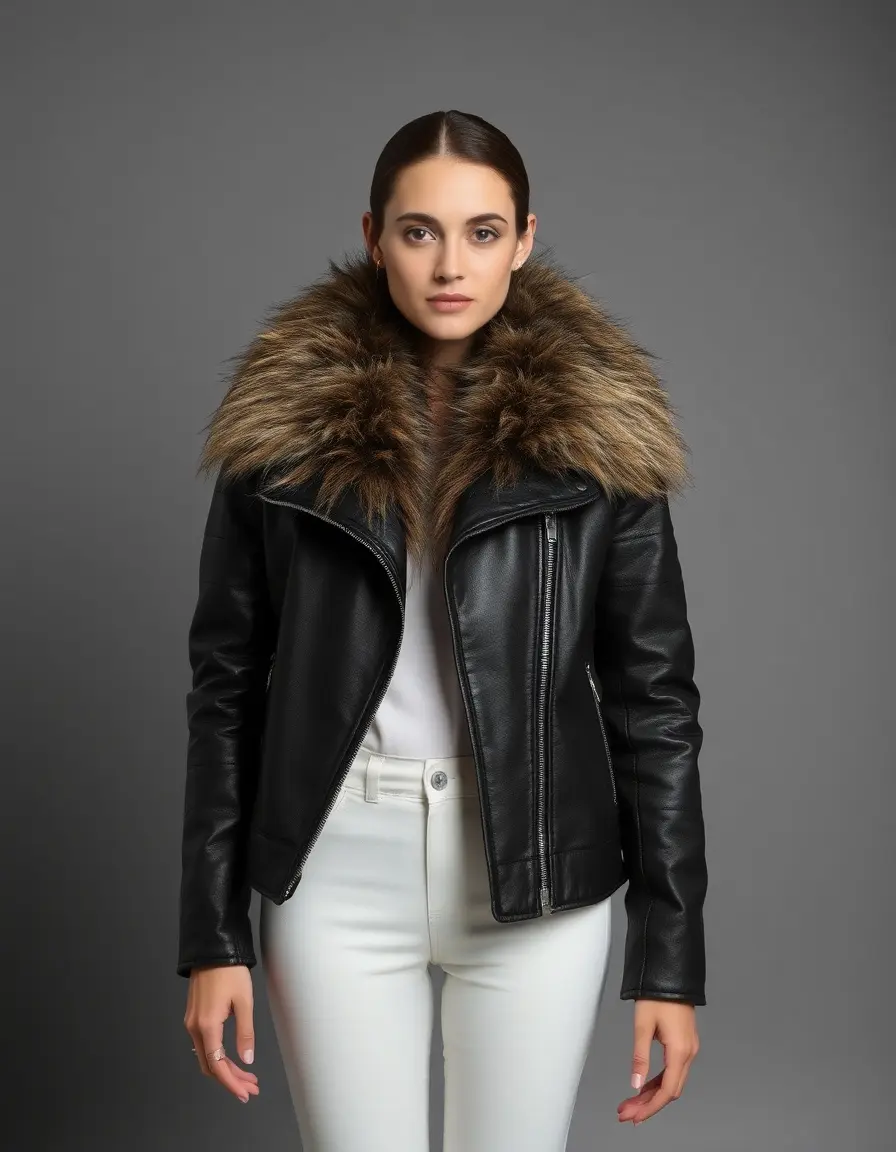 Black leather jacket with fur collar, front view