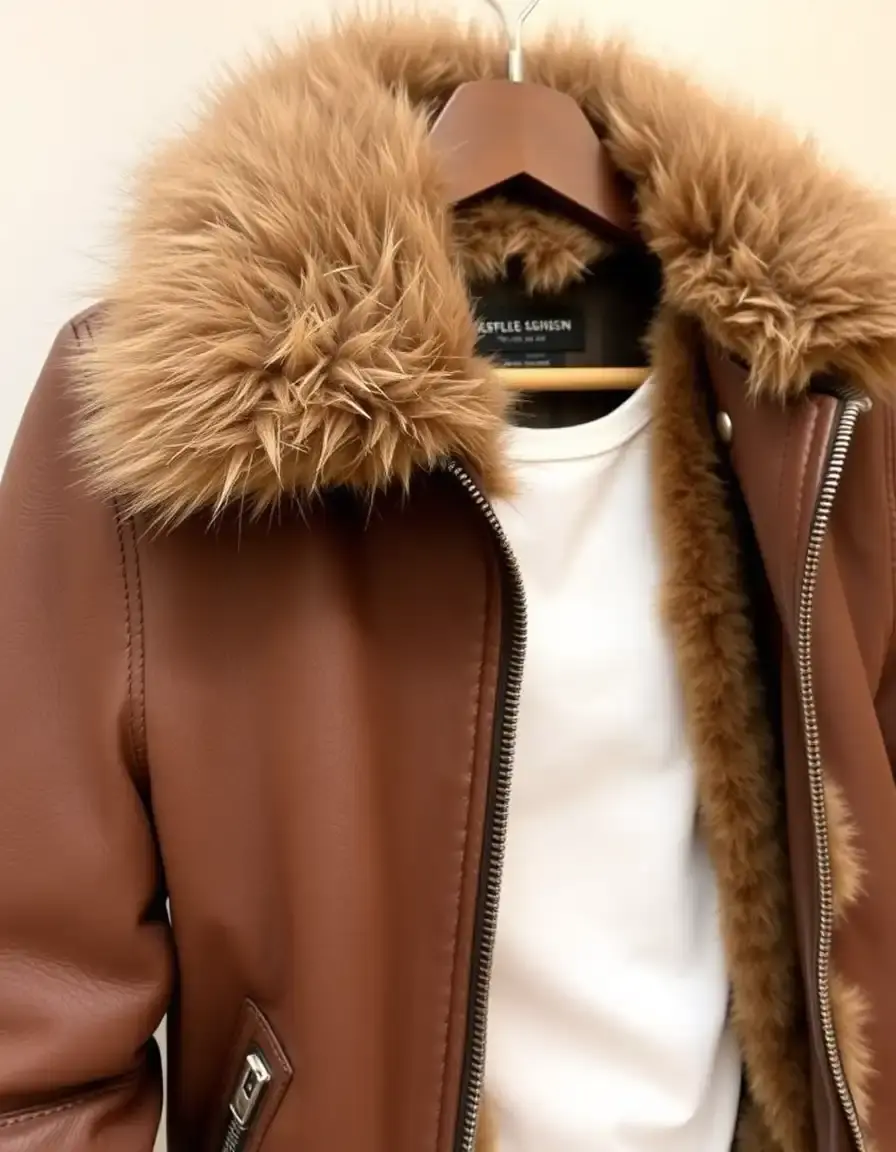 Brown fully fur lined leather jacket, open
