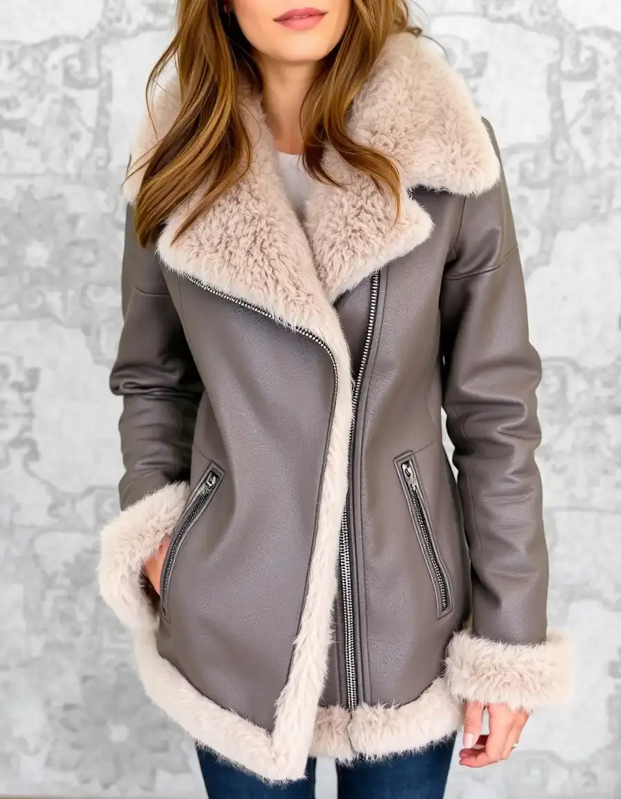 Gray shearling leather jacket, natural fur
