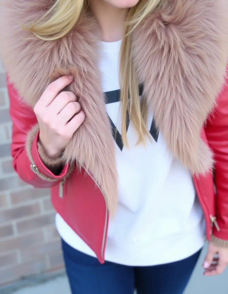 Red faux fur trimmed leather jacket