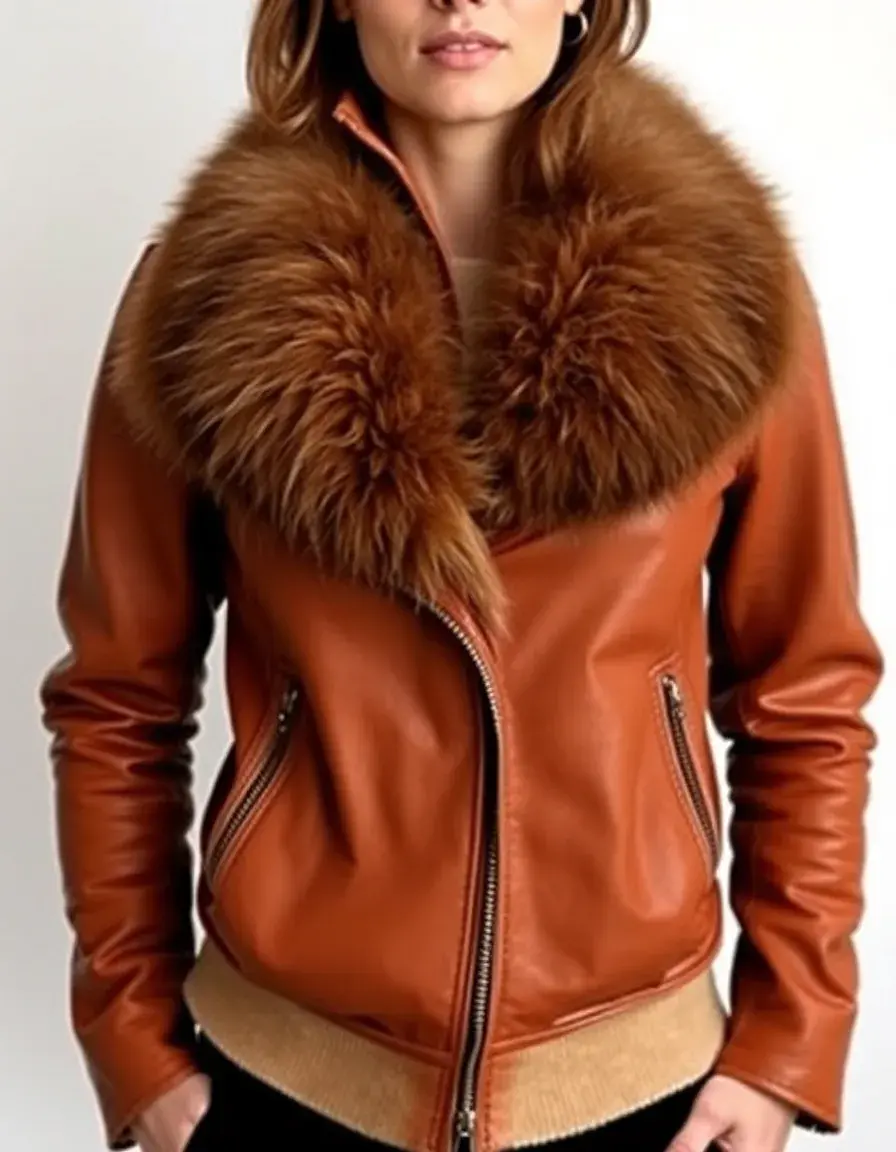 Cognac aviator leather jacket with fur
