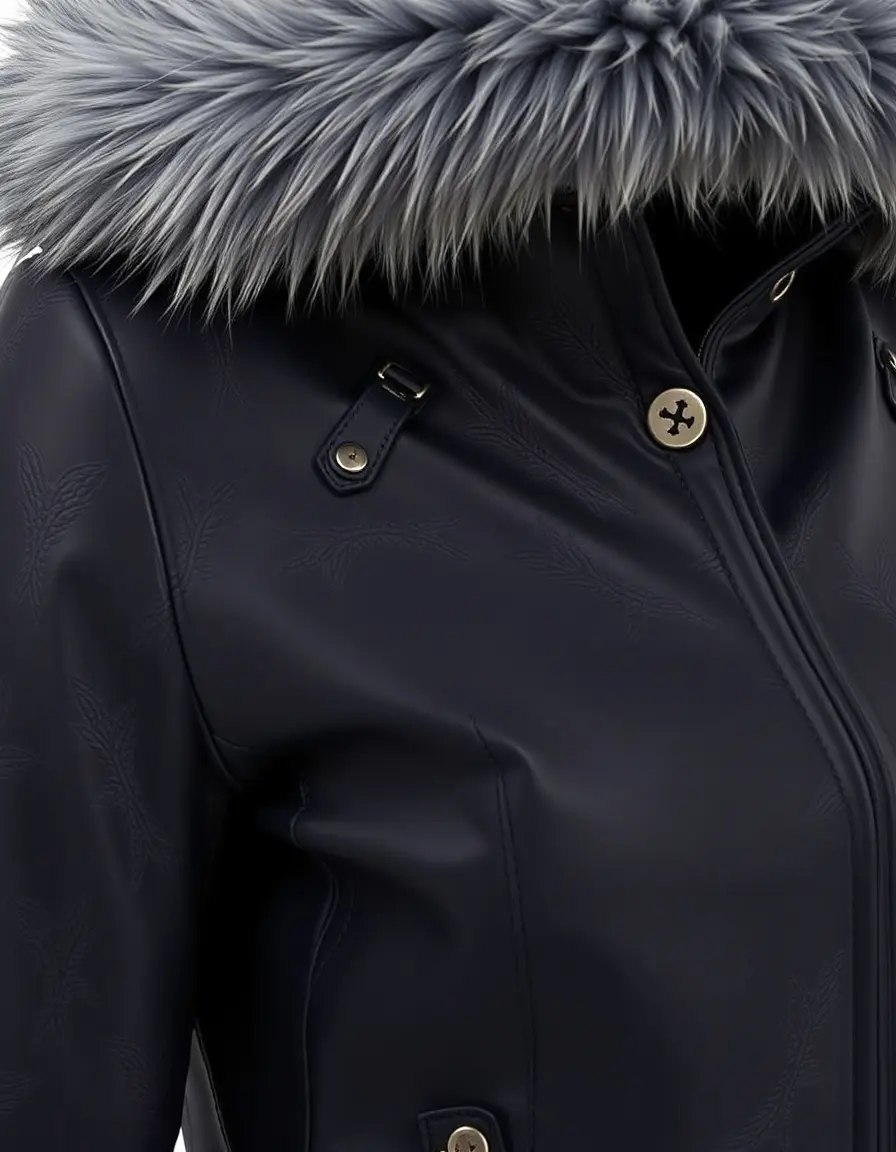 Navy moto leather jacket with detachable fur hood