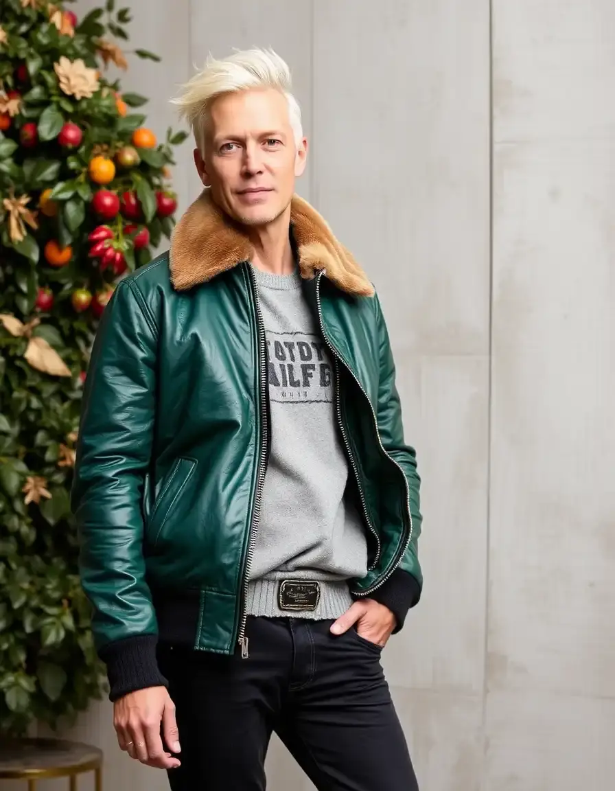 Green bomber leather jacket with fur lining