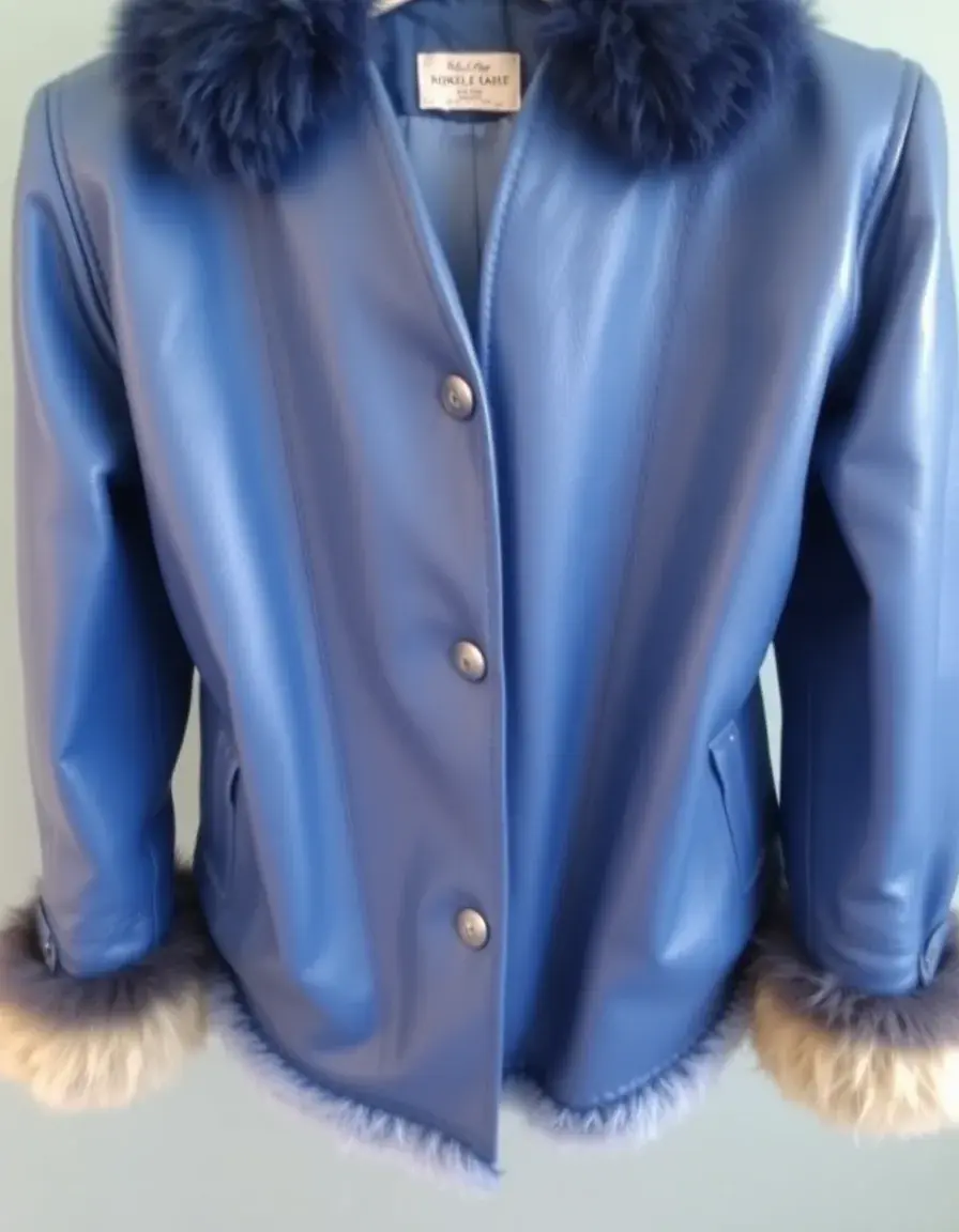Blue vintage leather jacket with fur accents