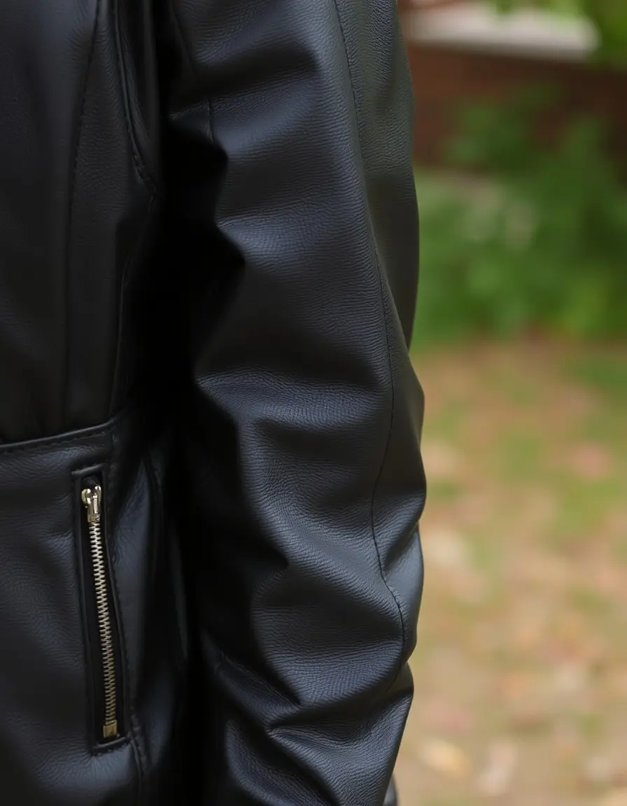 Black leather jacket with a striking red interior lining