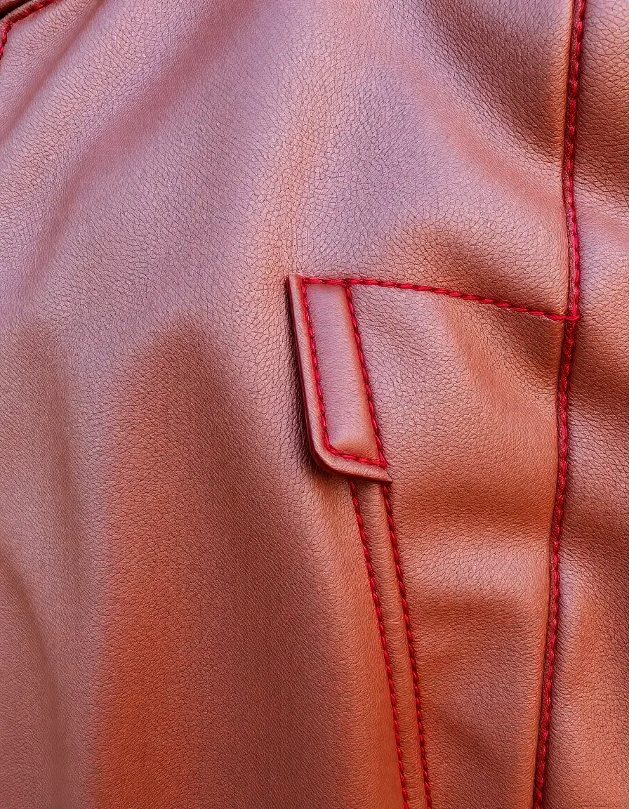 Brown leather jacket featuring high-contrast red stitching