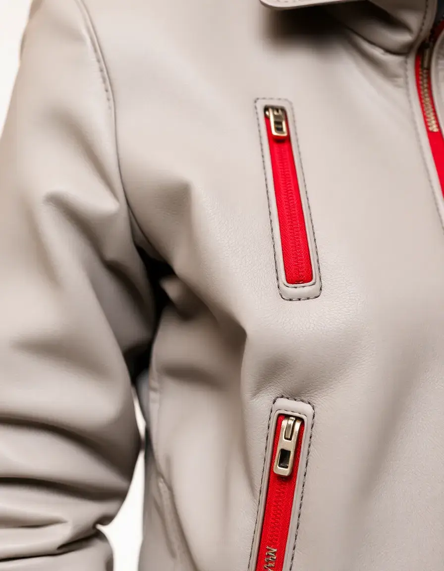 Gray leather jacket with vibrant red zipper details