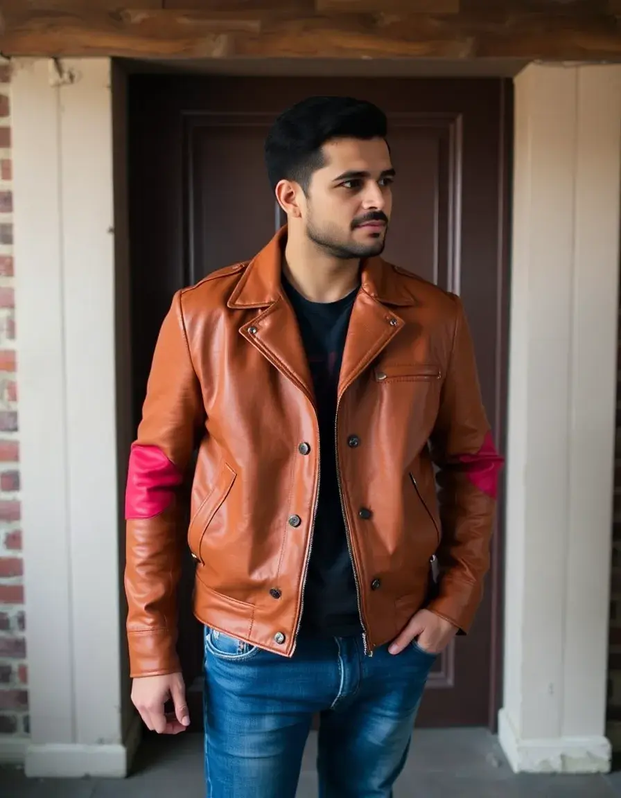 Cognac leather jacket with vintage-style red elbow patches