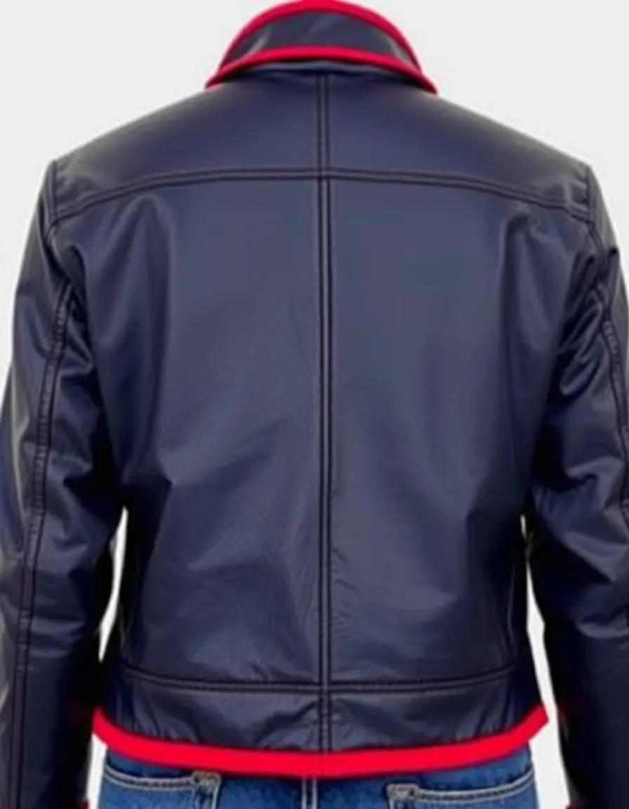 Navy blue leather jacket with subtle red edge trim