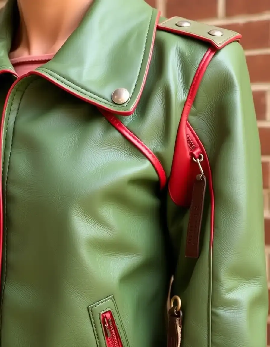 Unique green leather jacket with red artistic accents