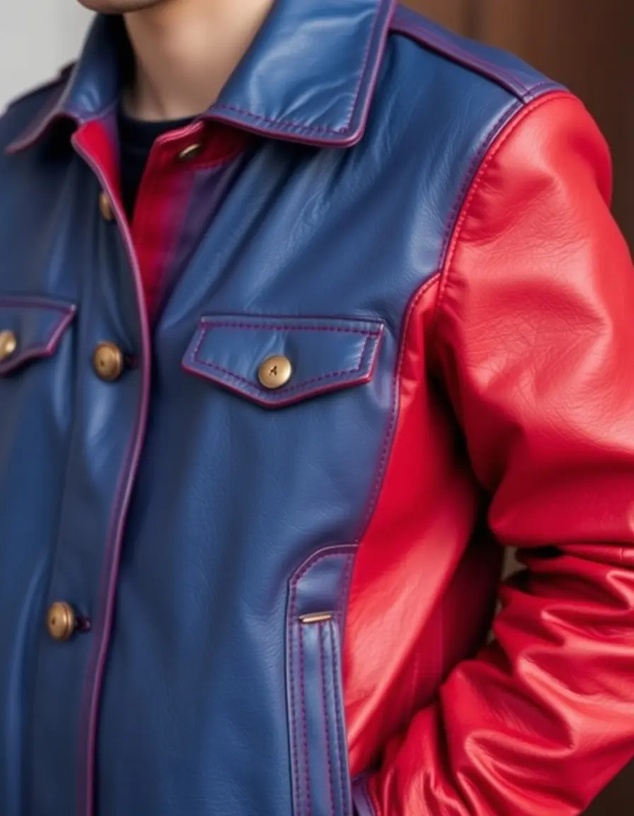 Vintage blue leather jacket dyed with deep red tones