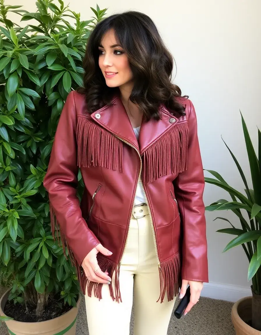 Brown 70s style retro leather jacket with fringe detail