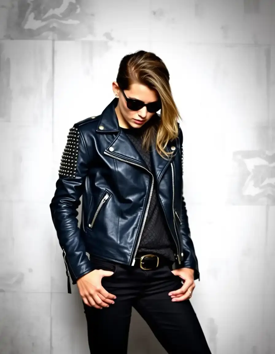 Navy punk style retro leather jacket with studs