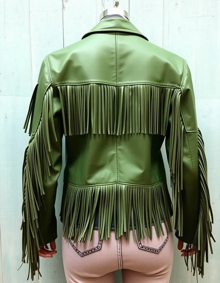Green hippie fringed retro leather jacket