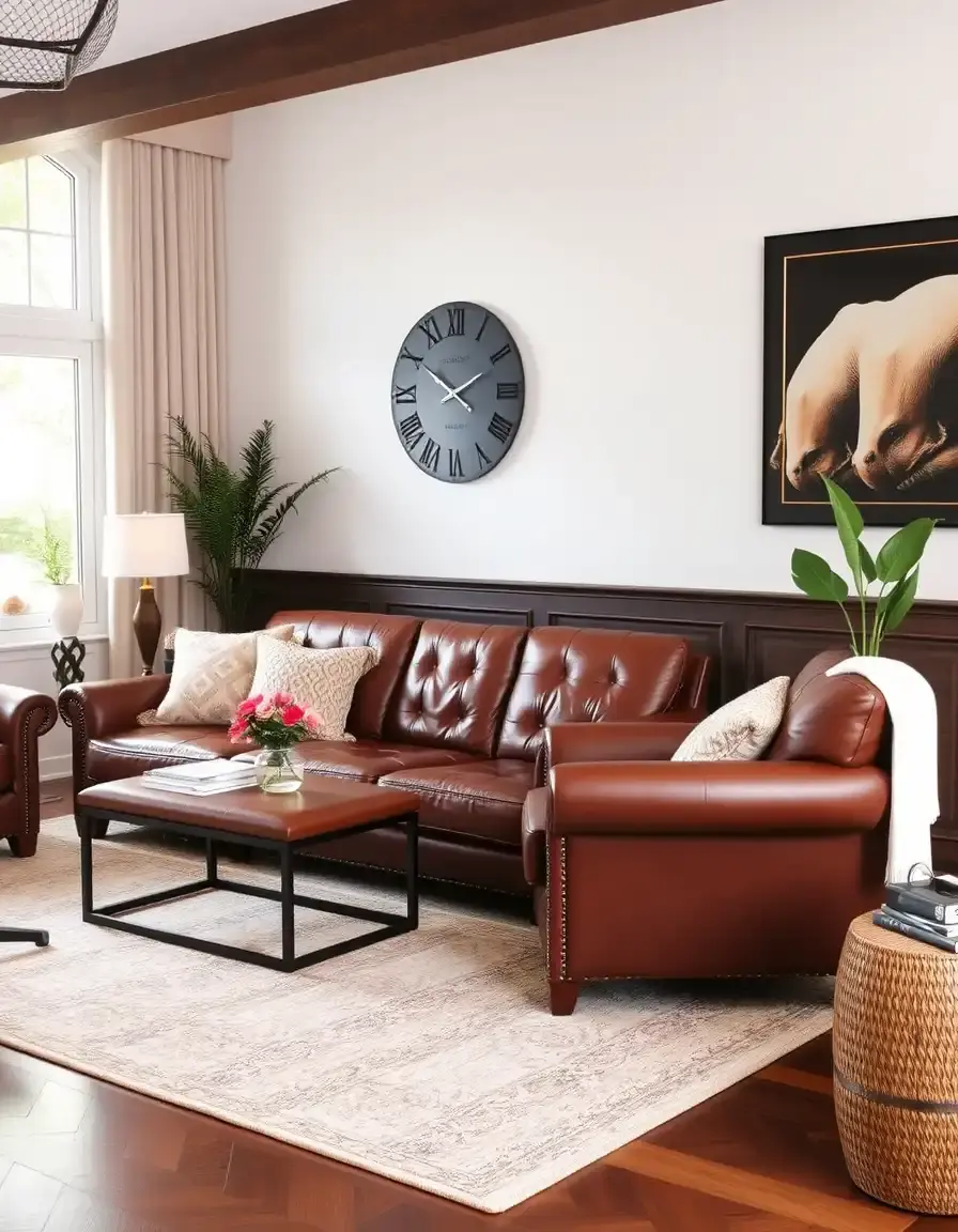 Brown leather sofa and armchair set, living room